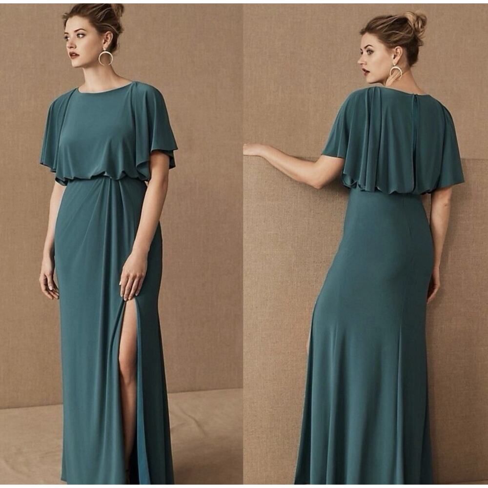 Nwt BHLDN Anthropologie Lena Dress Blouson Flutter Sleeve Maxi Gown Teal Size 4